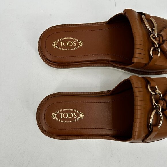 TOD'S Brown Cognac Leather Fringe Tassel Slip On Platform Sandals Shoes Size 10 - Picture 6 of 9